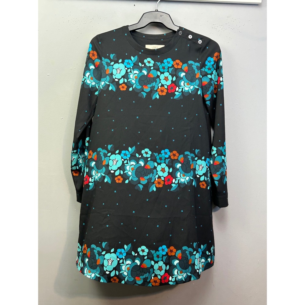 LOFT Dress Women XS Black Floral Border Print Long Sleeve Shift Shoulder Button